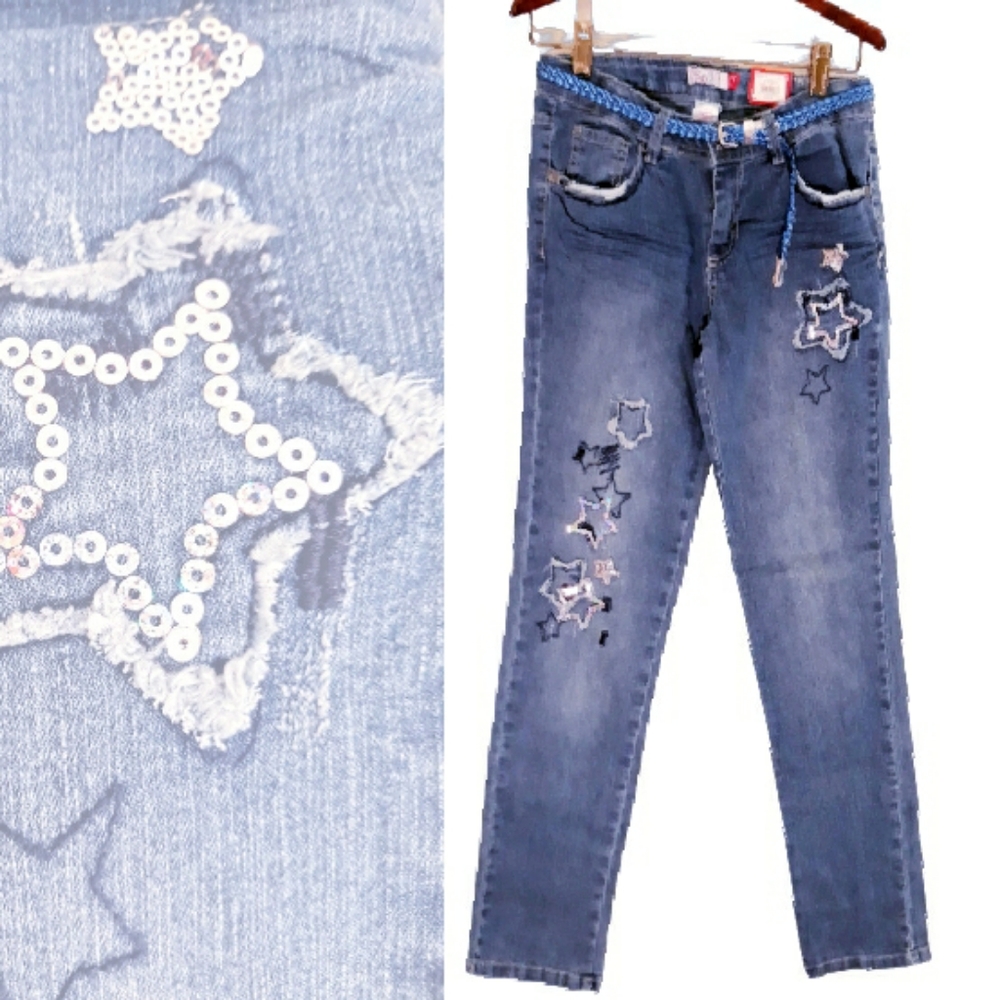 SO Star Patch Skinny Jeans with Braided Belt - Girl's Size 14 Embellished Jeans